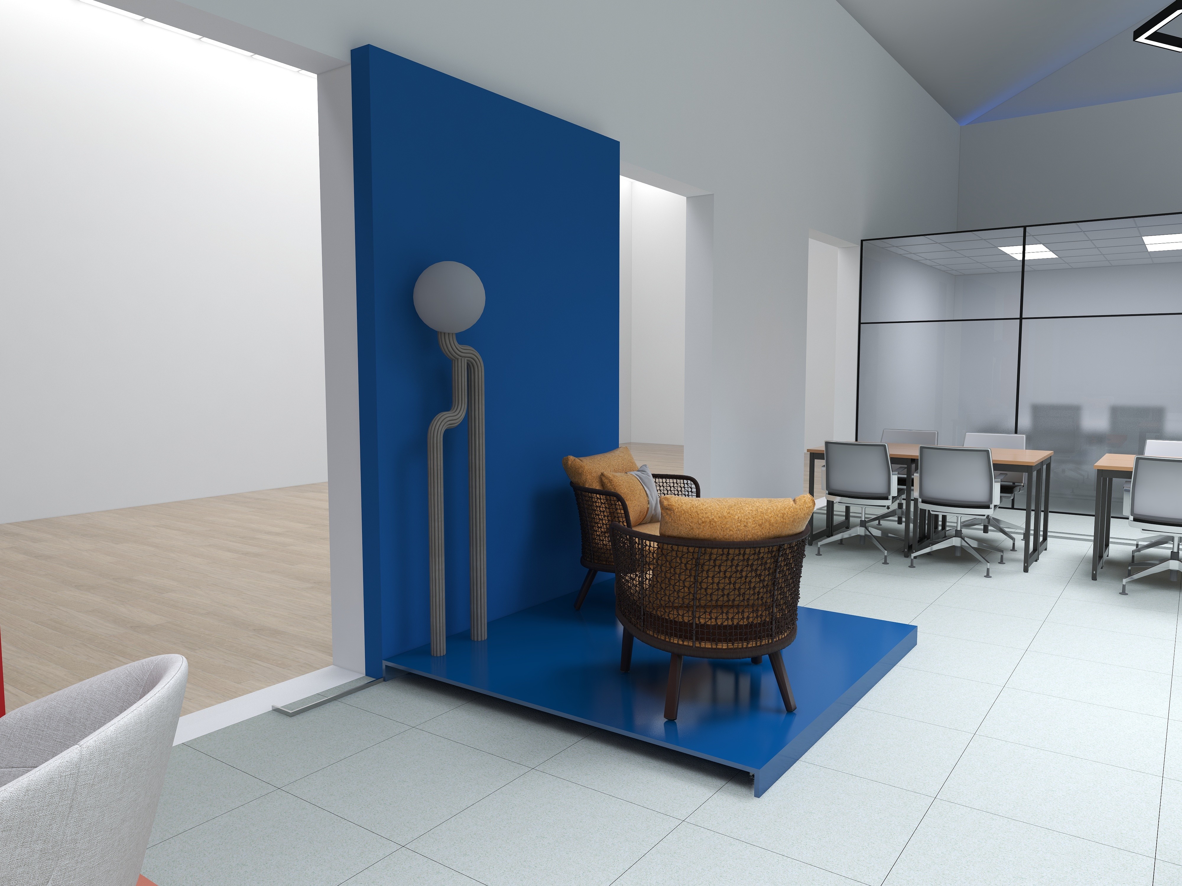 Open Coworking Space at Shed#2 Coworking displays a blue work lounge